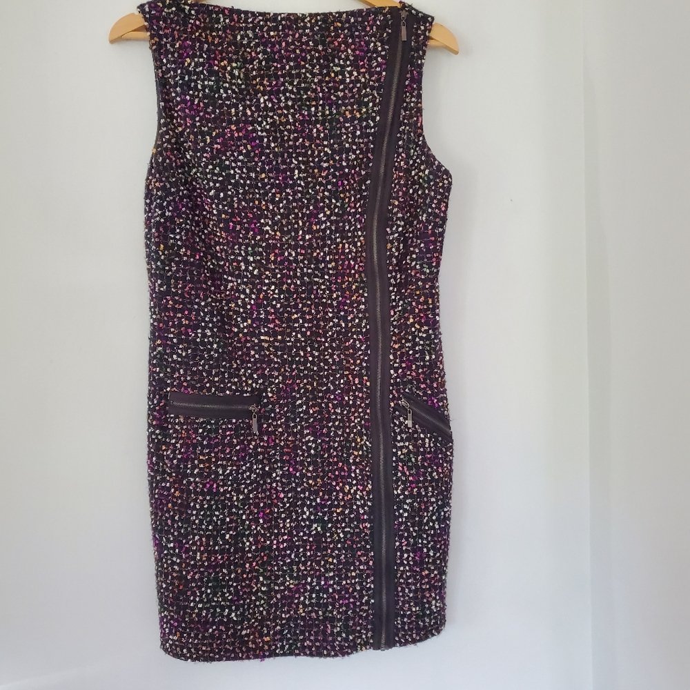 Colorful Texture Tweed Black Dress Sz 12 Moto Zip Edgy 90s Y2K LAUNDRY BY DESIGN
